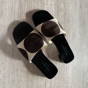 Kate Spade Beige and Brown Polka Dots Fabric Slides 1” Heel